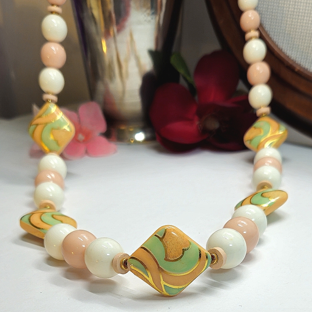 Vintage Peach & Green Ceramic Statement Beads with Pink Lucite Bead Necklace